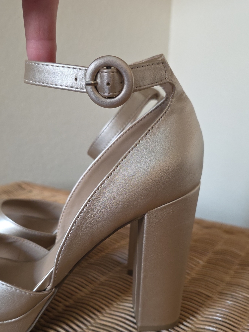 Sun + Stone Metallic Taupe Peep-Toe Platform Ankle Strap Heels - Picture 5 of 5